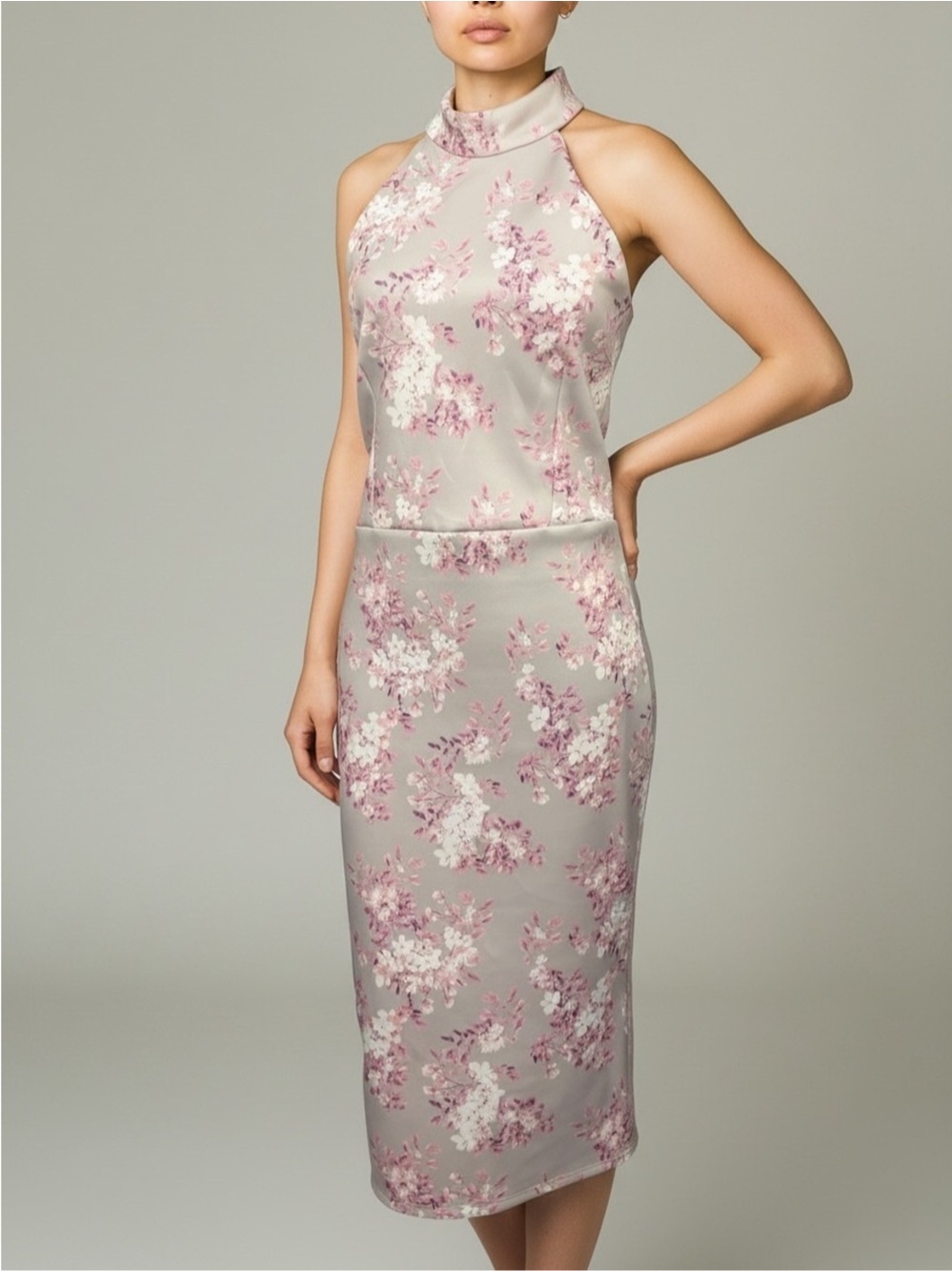 True Violet Floral Halter Midi Dress Light Grey